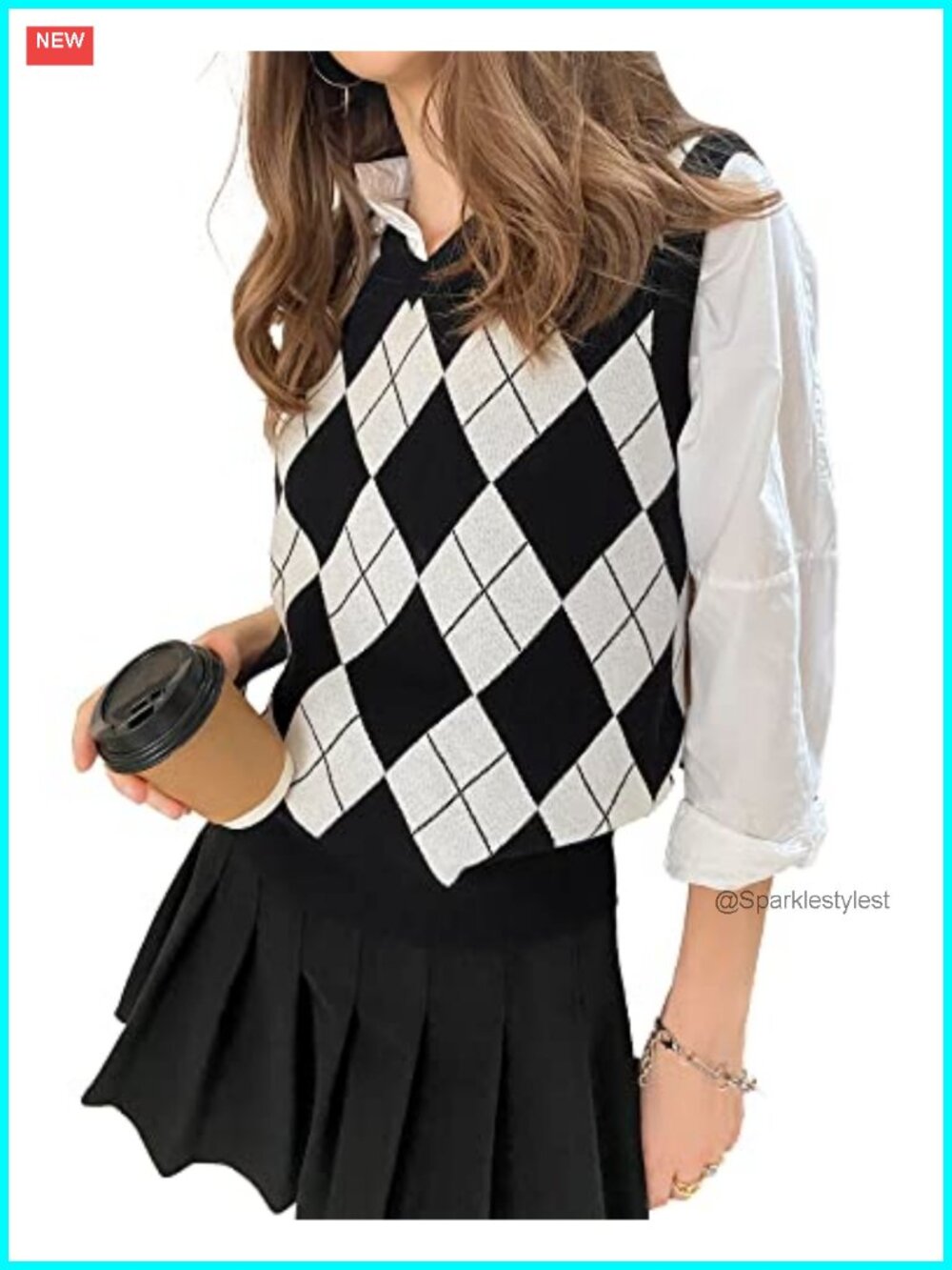 Argyle Knitted Sweater Vest Houndstooth Sleeveless V-Neck Pullover Retro